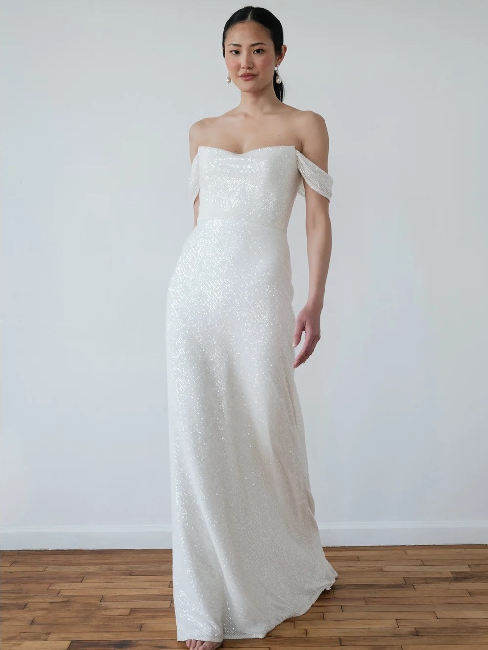 Jenny Yoo White Off-Shoulder Sequin Wedding Gown